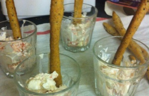 Onion seed pugil sticks, with clots of smoked salmon cheese